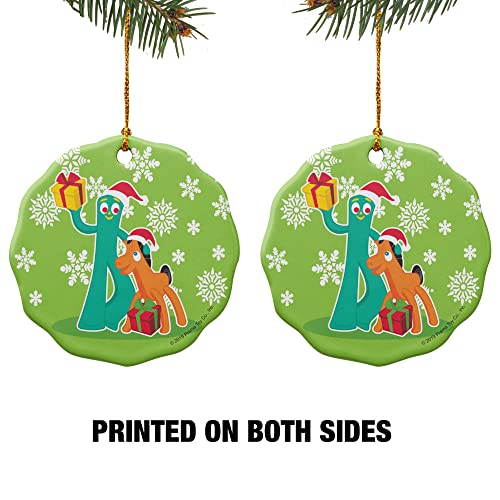 Gumby and Pokey Exchanging Gifts Porcelain Christmas Ornament - 2.8"